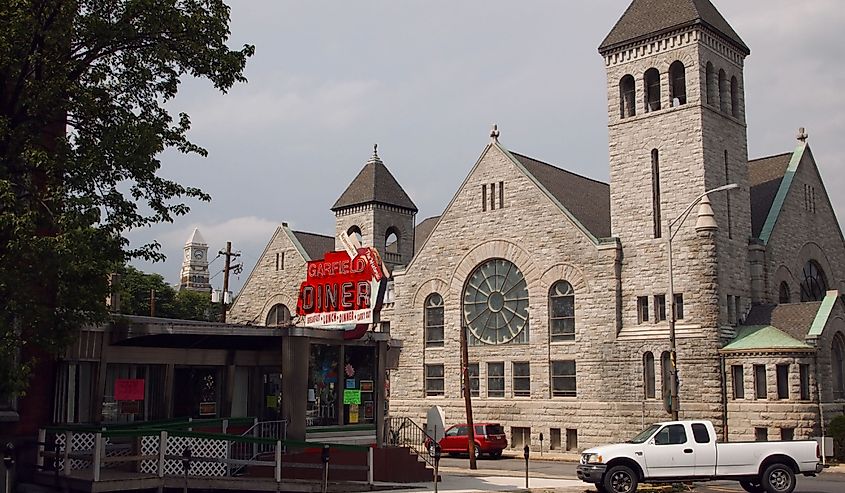 The Historic Garfield Diner, and the First United Methodist Church on Garfield Square in Pottsville, Pennsylvania. 