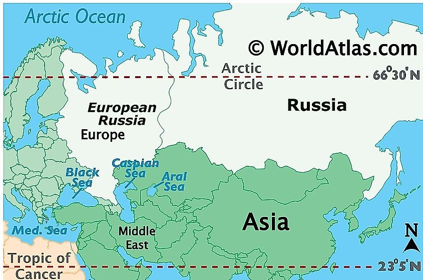 Map of Russia showing the border between Europe and Asia.