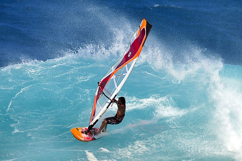 A professional windsurfer in Hookipa, Maui, Hawaii