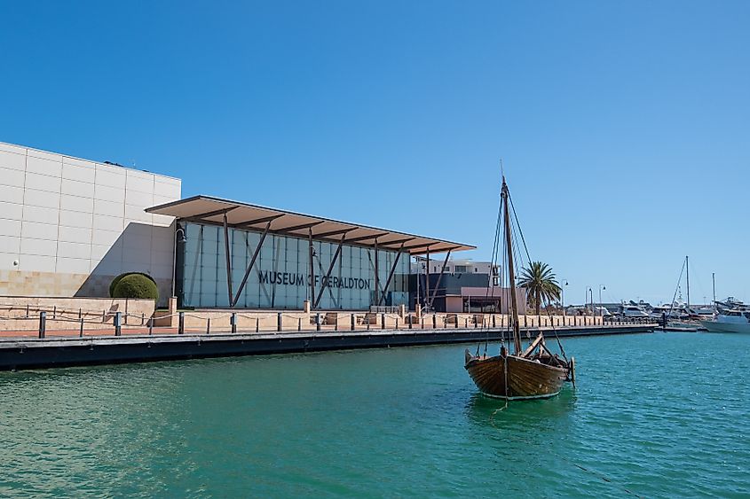 Geraldton, Western Australia - March 2, 2021: Geraldton Museum and the Batavia Longboat replica.