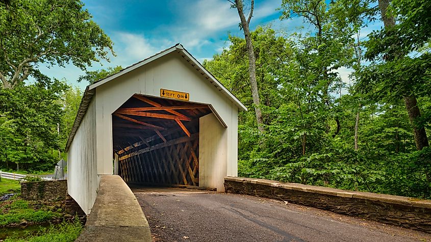 A covered bridge in the town of Pipersville, Pennsylvania.