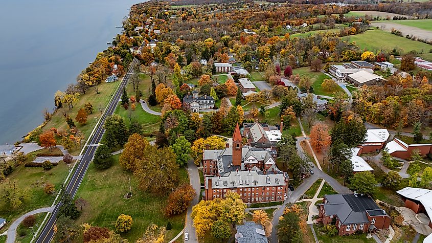 Aerial photo of the fall foliage surrounding the Village of Aurora, Cayuga County, New York State.