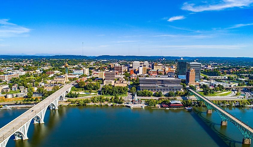 Downtown Knoxville Tennessee Drone Skyline Aerial along the Tennessee River