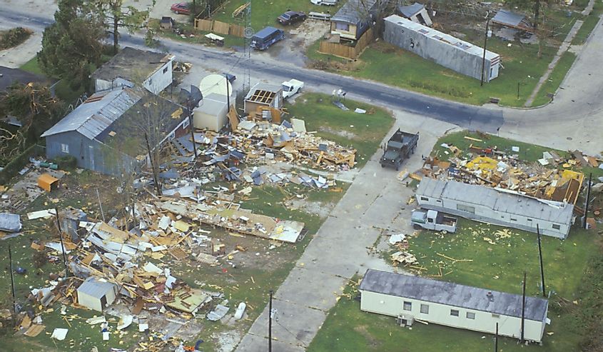An aerial view of some damage caused by Hurricane Andrew