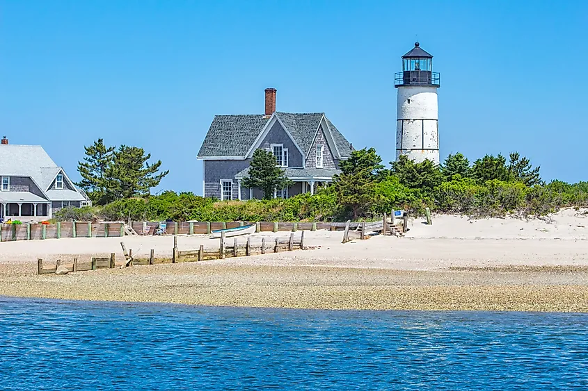 Lighthouse dotting the blue coast of the Cape Cod Bay