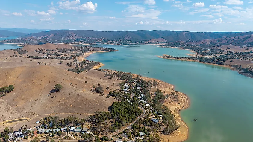 Aerial view of Lake Eildon and the Victorian town of Bonnie Doon