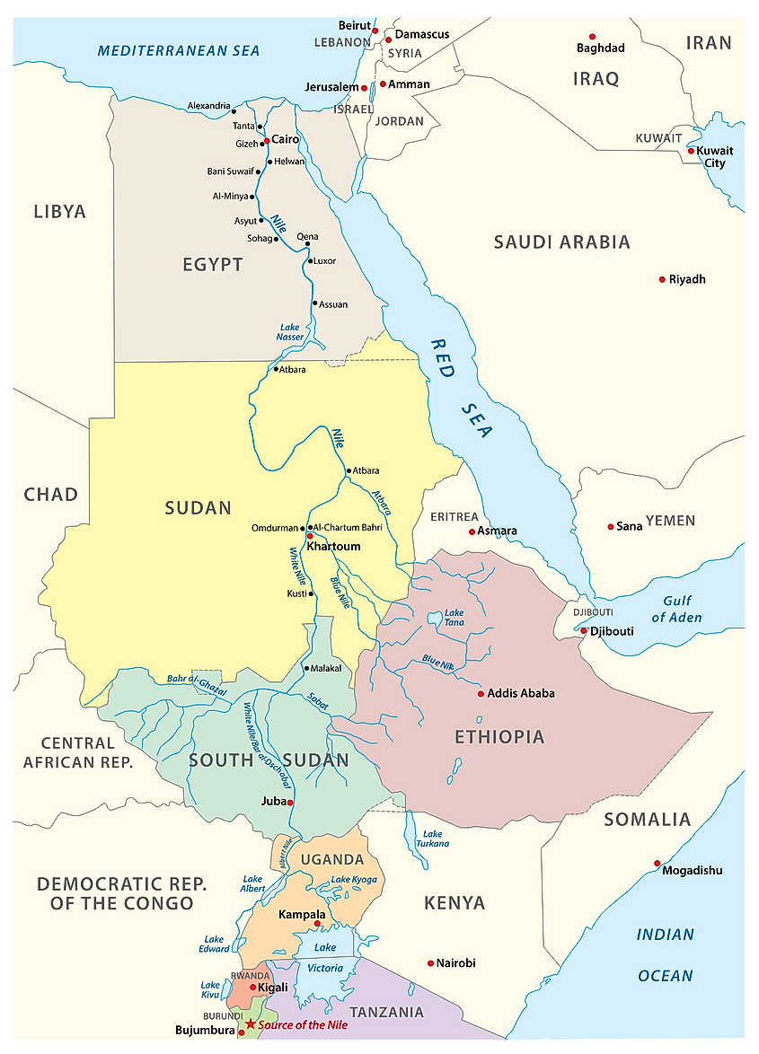 Blue Nile and White Nile tributaries of Nile River.