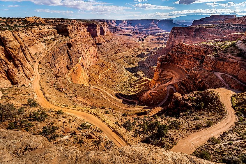 The White Rim Road and Shafer Trail winding up the steep canyon in Canyonlands National Park, Utah, United States.
