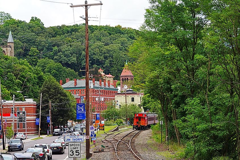 View of the historic town of Jim Thorpe (formerly Mauch Chunk) in the Lehigh Valley in Carbon County, Pennsylvania, via EQRoy / Shutterstock.com
