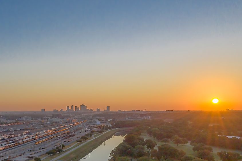 A huge Union Pacific rail yard, and the Colonial Country Club are separated by the Clearfork of the Trinity River. 