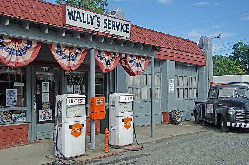 Wally's Service Station in Mayberry, Mt. Airy, North Carolina. Wally's tow truck and gas pumps are a replica from the award winning Andy Griffith Show.