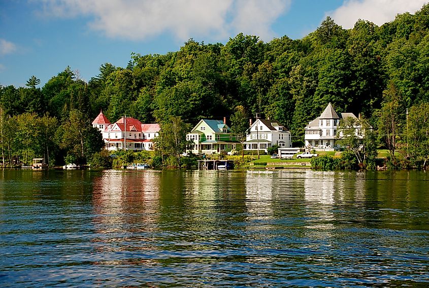 Houses by the lake in Tupper Lake, New York.