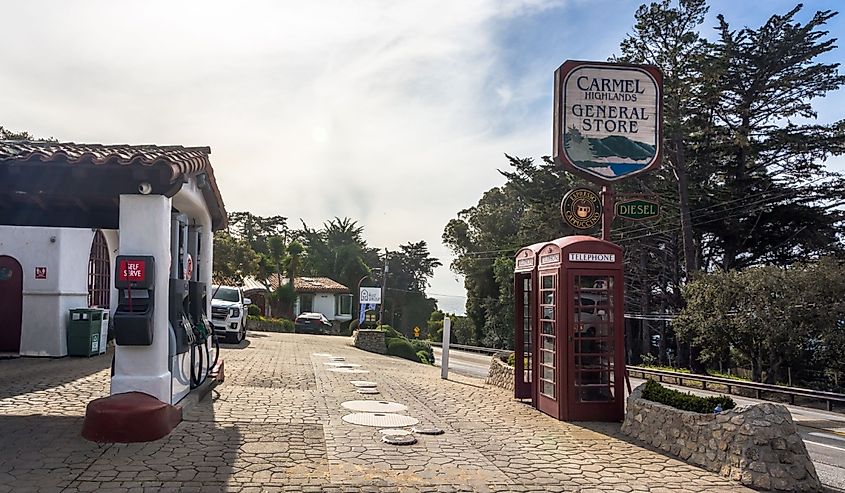 Retro style Carmel Highlands General Store and Gas station