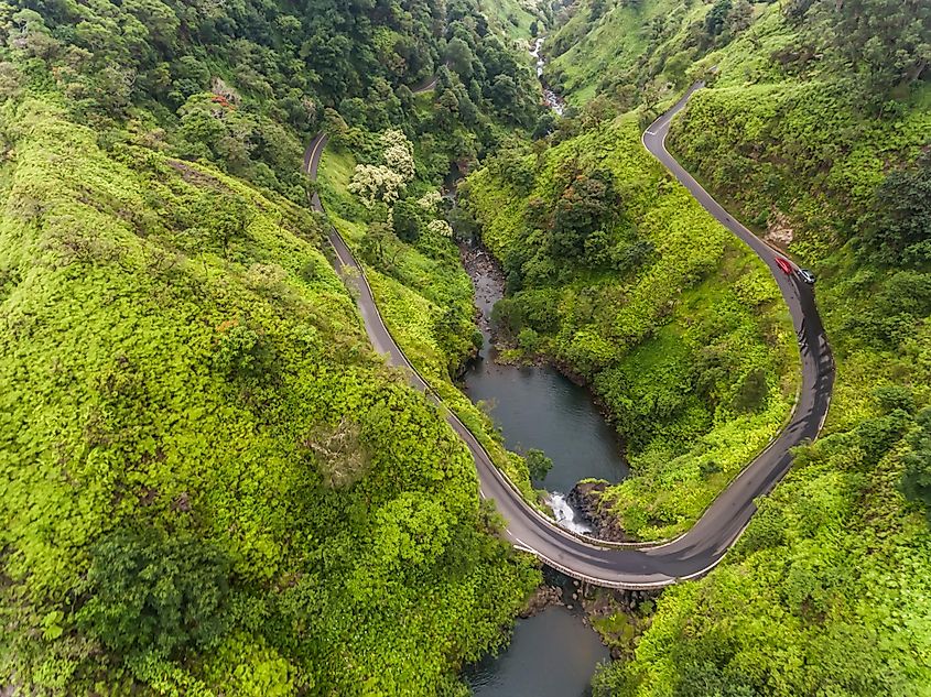 erial view of a waterfall on the road to Hana Maui Hawaii