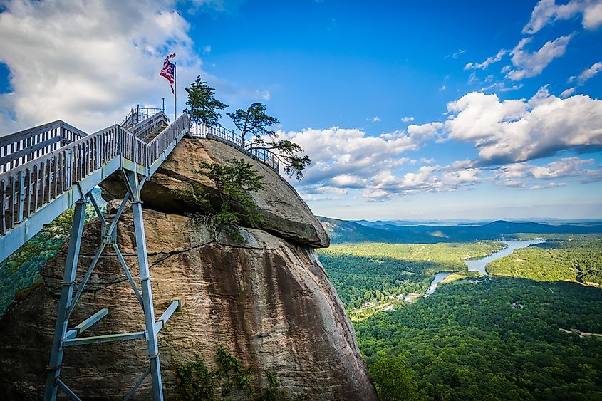 View of Chimney Rock and Lake Lure at Chimney Rock State Park, North Carolina.