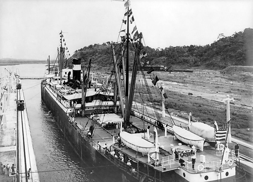 SS Ancon entering west chamber, Mira Flores lower locks, Panama Canal.