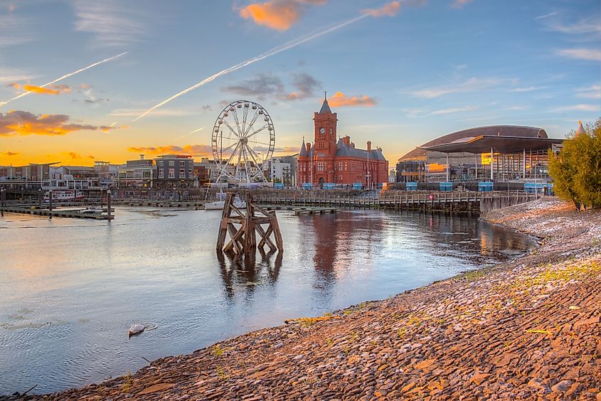 Sunset skyline of Cardiff bay, Wales, UK.
