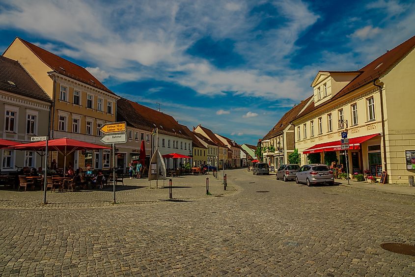 Lübbenau market square and church in Germany.
