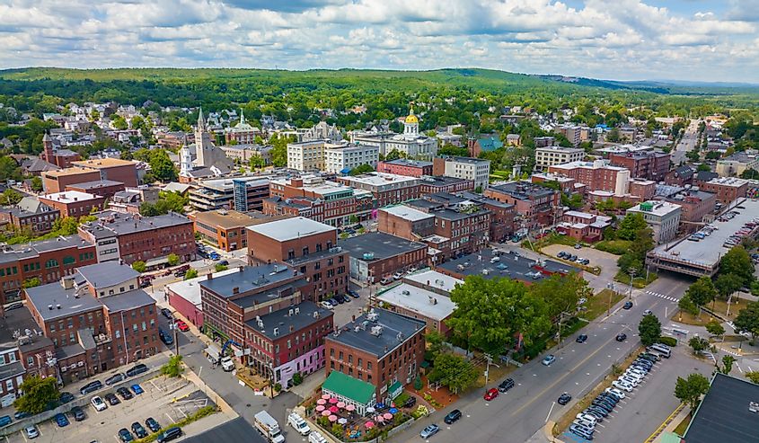 Concord downtown commercial center aerial view on Main Street near New Hampshire State House
