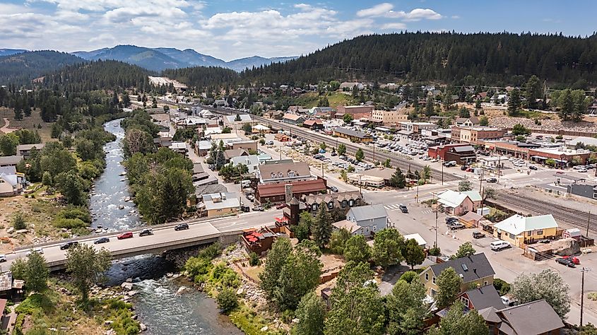 Afternoon sunlight illuminating the historic Gold Rush-era buildings in downtown Truckee, California.