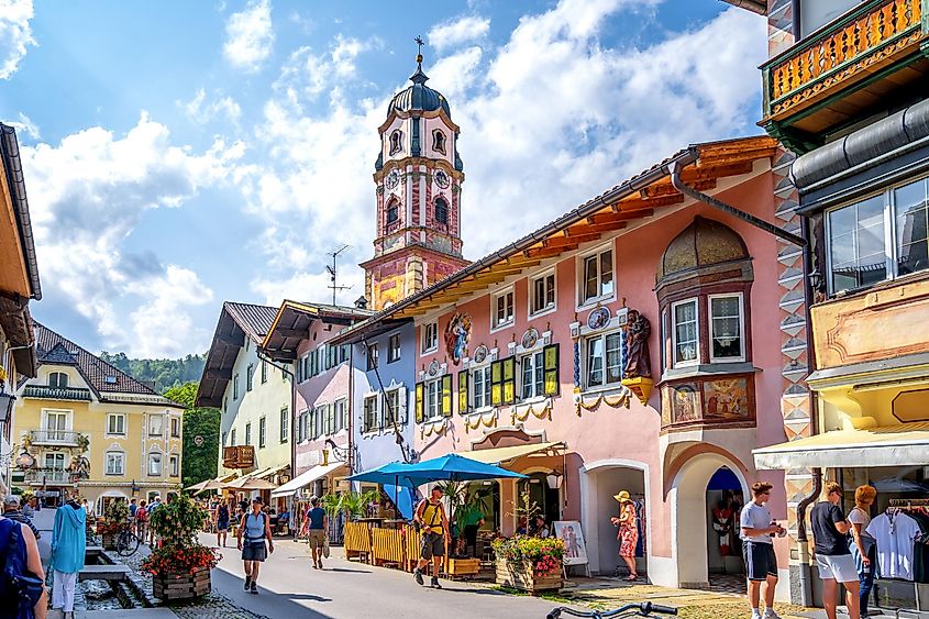 The vibrant town center of Mittenwald, Germany.