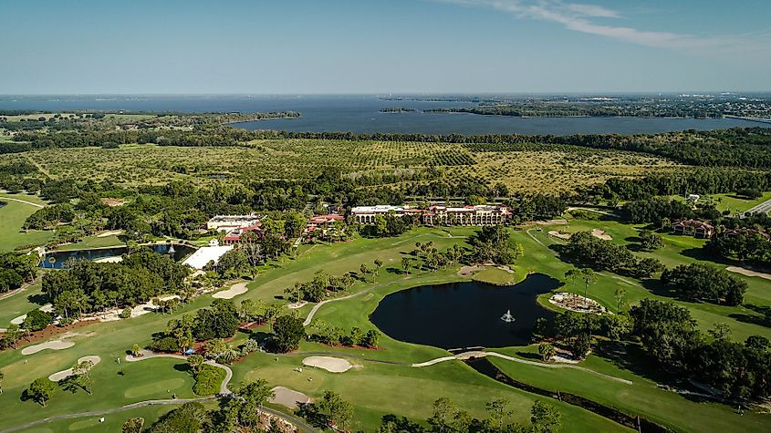 Drone view over the prestigious LPGA golf course at Mission Inn Resort & Club, Howey in the Hills, Florida