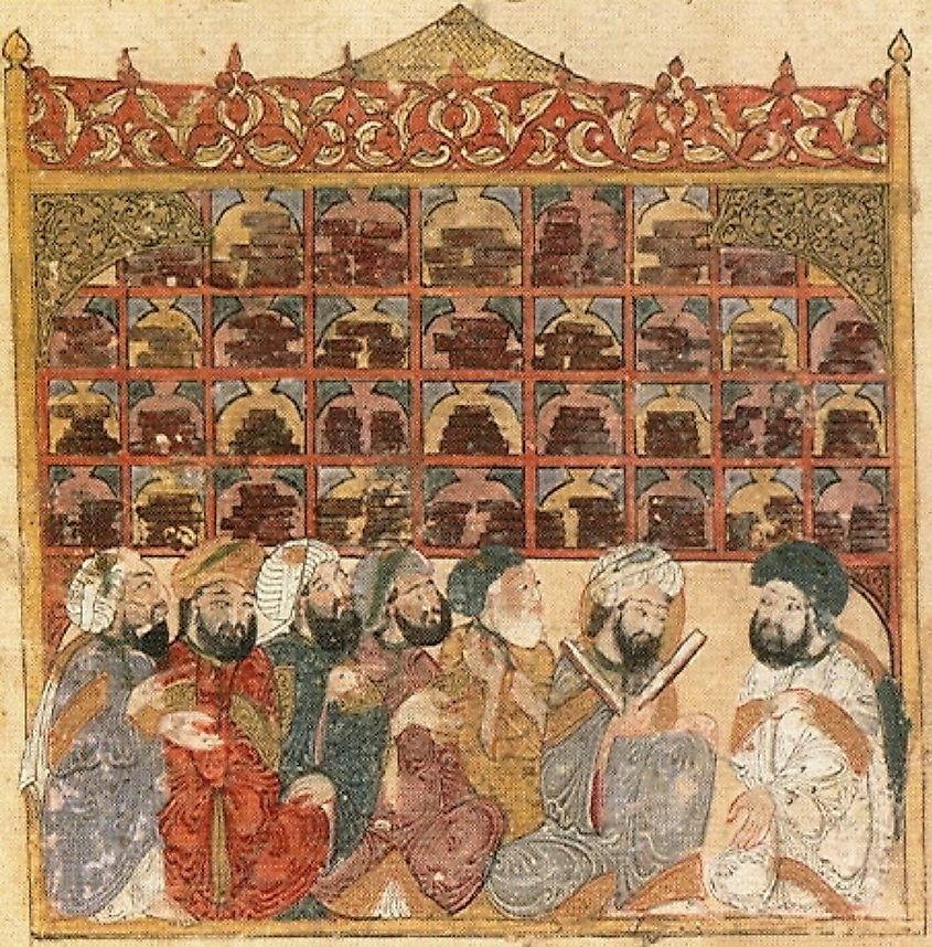 Scholars at an Abbasid library. Maqamat of al-Hariri Illustration by Yahyá al-Wasiti, 1237