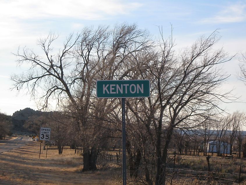 Road sign at the eastern edge of Kenton, Oklahoma
