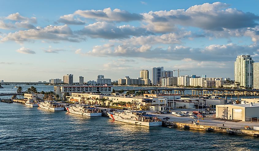 Coast Guard vessels docked at its home base in Biscayne Bay in the Port of Miami, Florida, USA. Vessels perform routine partol of the Florida Straits. Editorial credit: byvalet / Shutterstock.com.