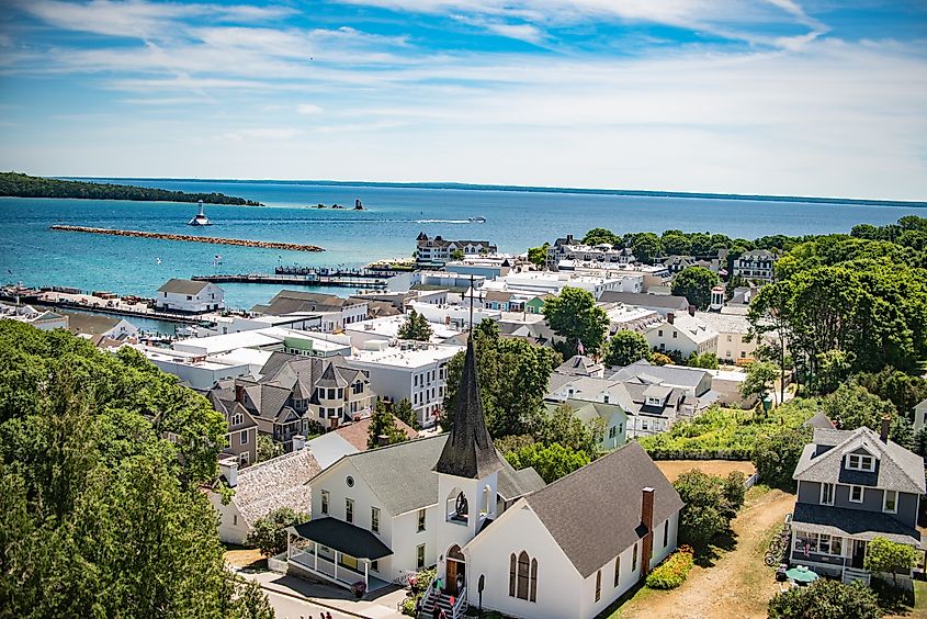 The beautiful town of Mackinac Island, Michigan, as viewed from a fort above.