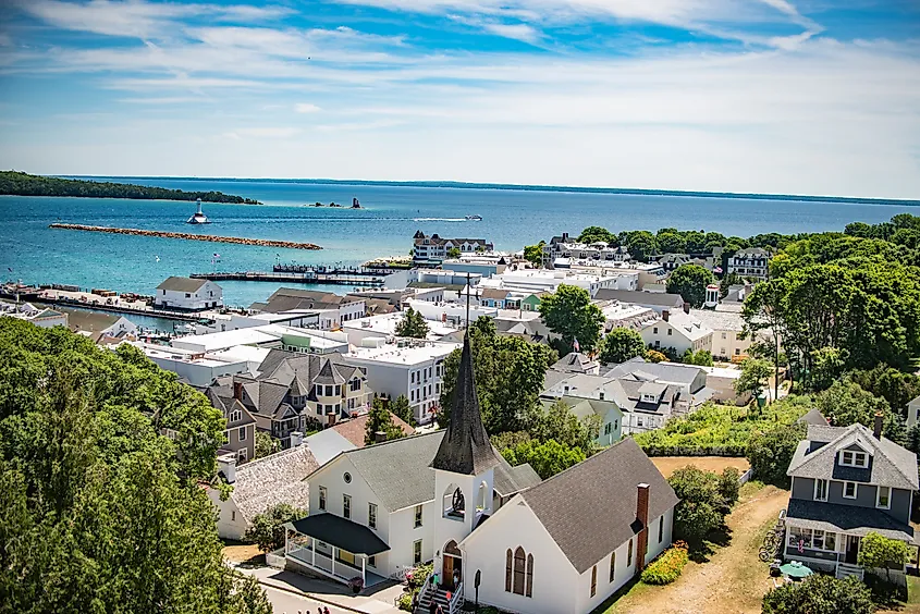 The beautiful town of Mackinac Island, Michigan, as viewed from a fort above.