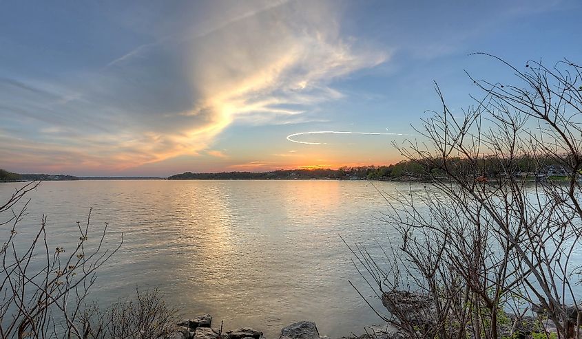 Sunset on Grand Lake in Grove, Oklahoma.