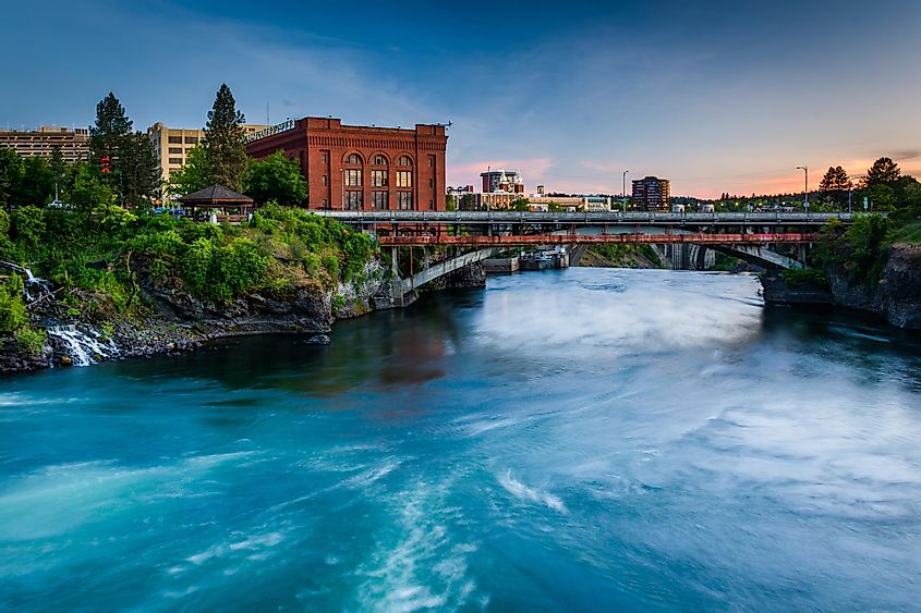The Spokane River flowing through Spokane, Washington.
