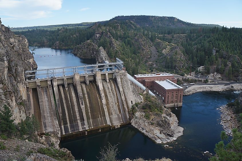 Overhead view of the Long Lake Dam, a concrete gravity dam on the Spokane River northwest of Spokane, Washington