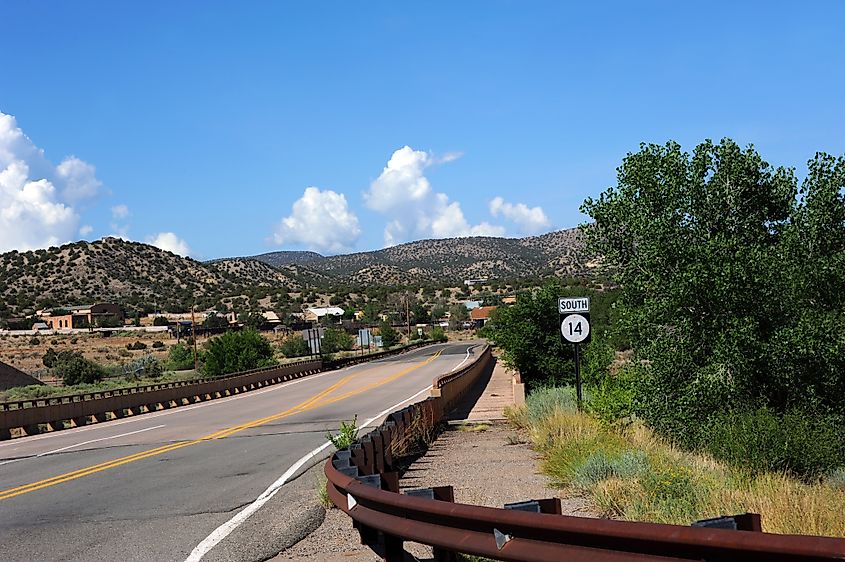Highway 14, the Turquoise Trail, in New Mexico, approaches the quiet town of Cerrillos