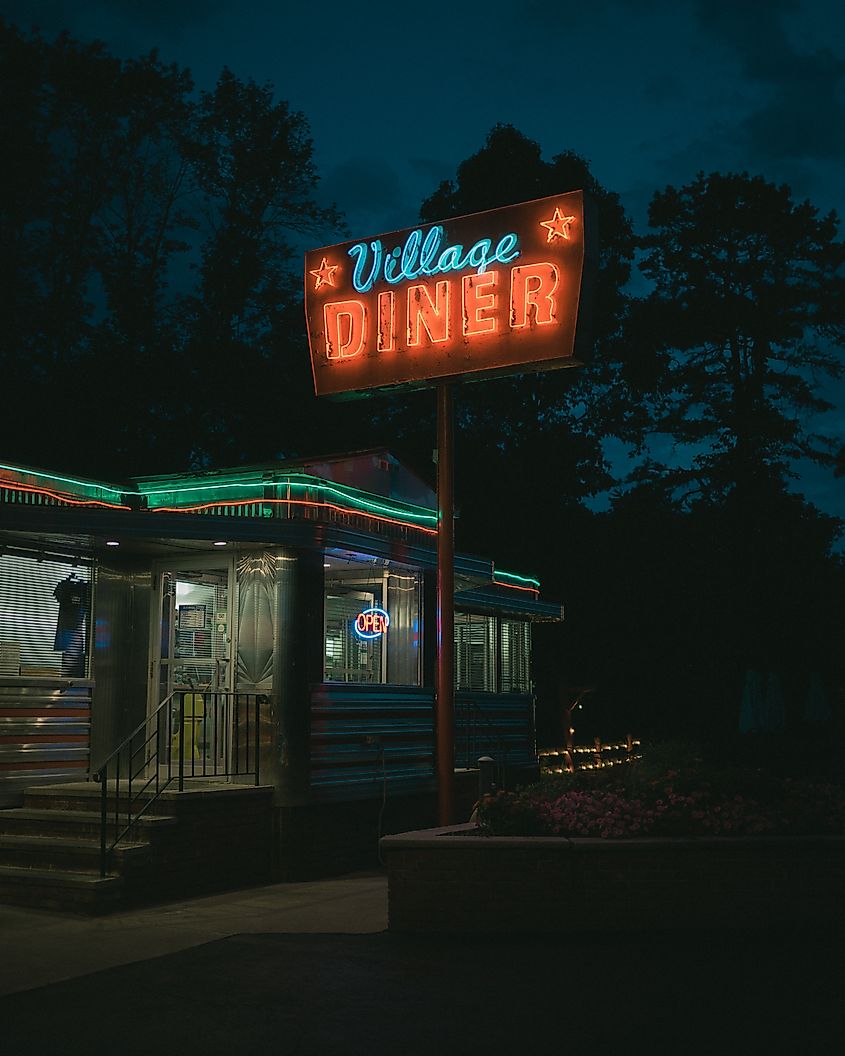 Neon sign in front of the Village Diner in Milford, Pennsylvania.