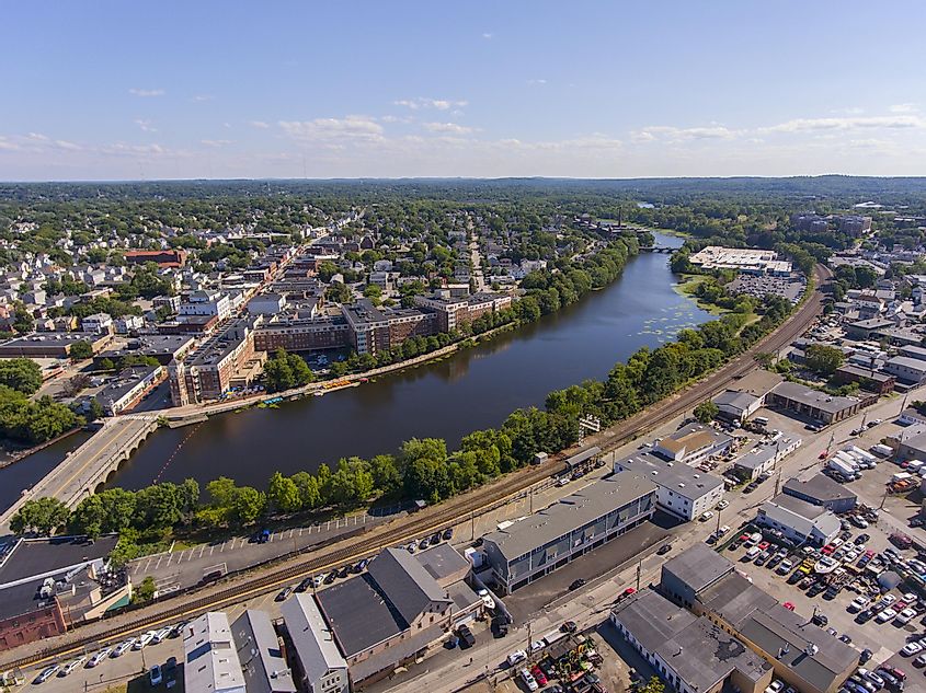Charles River aerial view in downtown Waltham, Massachusetts