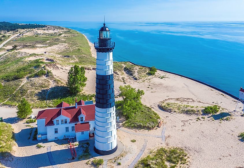 Aerial view of Big Sable Point Lighthouse near Ludington, Michigan; Ludington State Park; Lake Michigan.