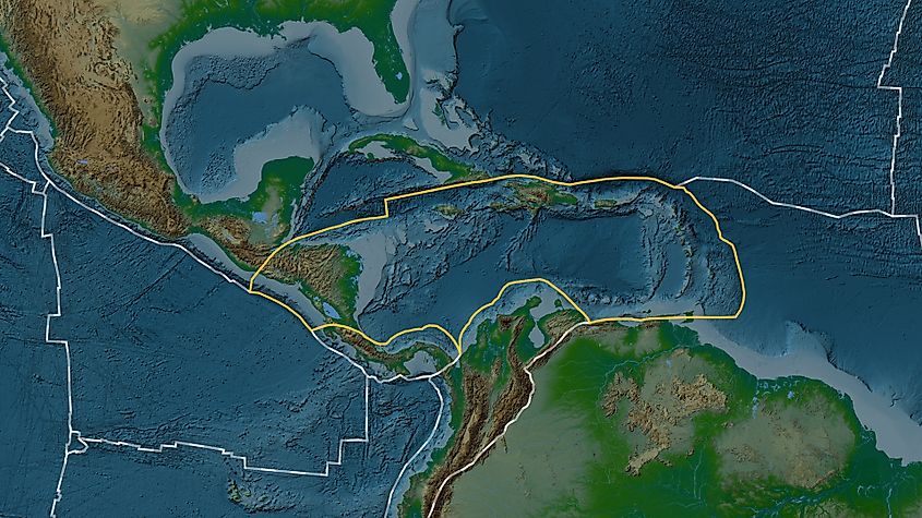 Area of the Caribbean tectonic plate marked in yellow