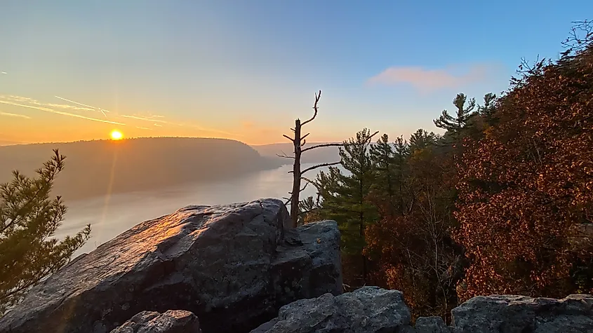 Sunrise over Devil's Lake Rocks from Top of Bluffs in Wisconsin.
