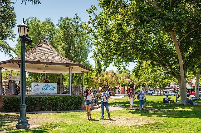 People walking around Solvang Park in the town of Solvang, California