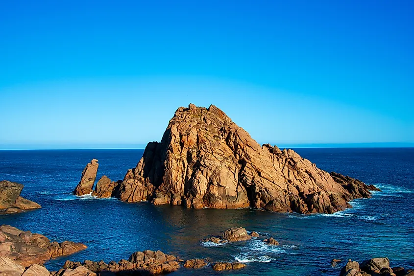 Sugarloaf Rock, a well-known granite island located off the coast of Western Australia, near Dunsborough in the Leeuwin-Naturaliste National Park.