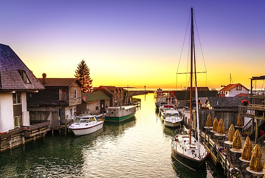 Fishtown in Leland, Michigan at sunset