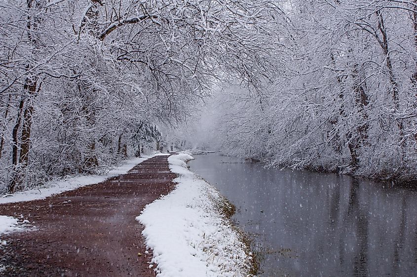 Snow-covered banks of the Delaware Canal in winter.
