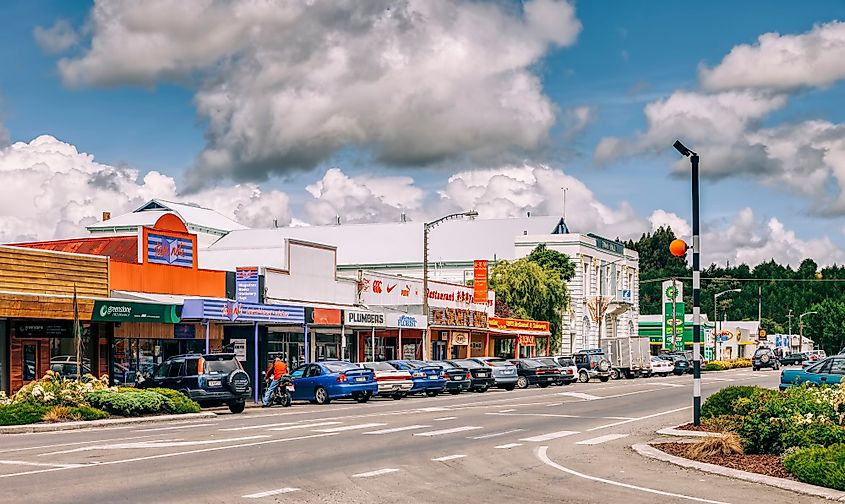 Cityscape with stores and the town hall of the small town of Taihape, New Zealand. Editorial credit: riekephotos / Shutterstock.com