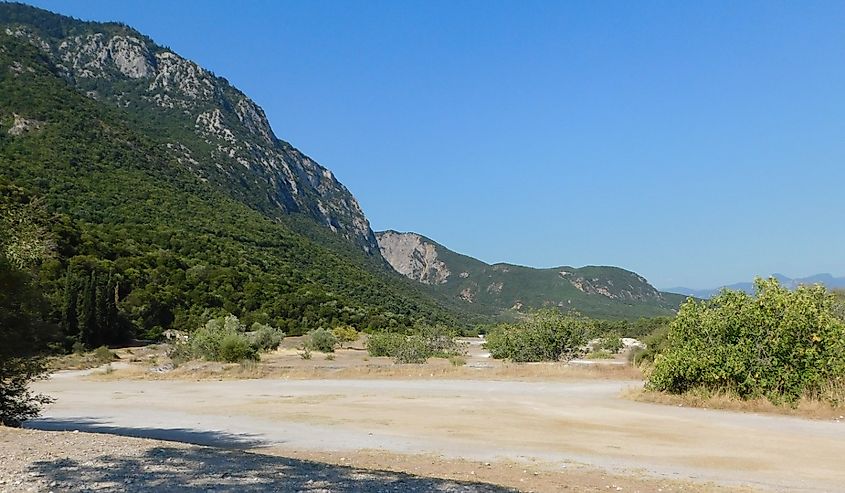 Thermopylae, view of the battlefield of the famous 480 BC battle from the Kolonos hill where the Greeks made their last stand.