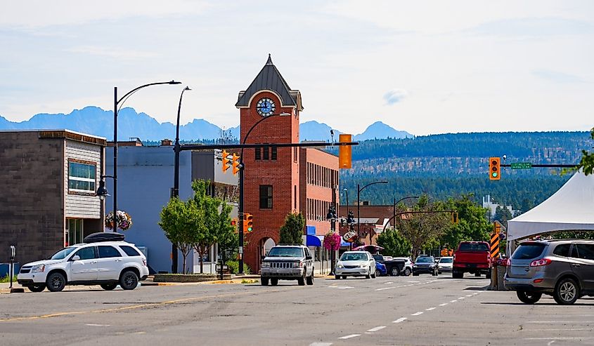 Clock tower on Baker Street in Downtown Cranbrook, British Columbia, Canada.