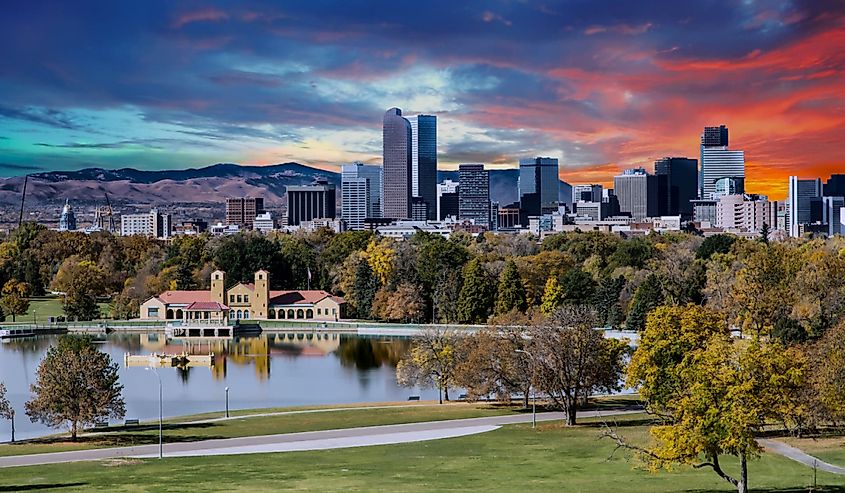 Denver skyline across city park in autumn