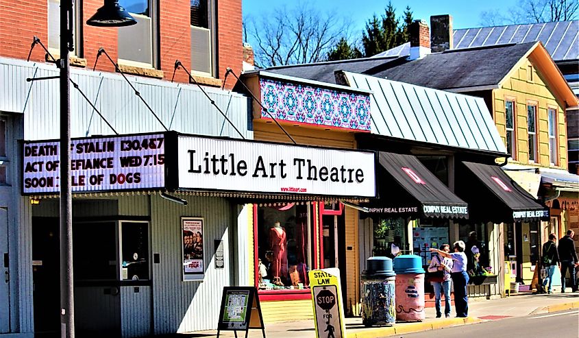 The historic Little Art Theater in Yellow Springs with people on the street