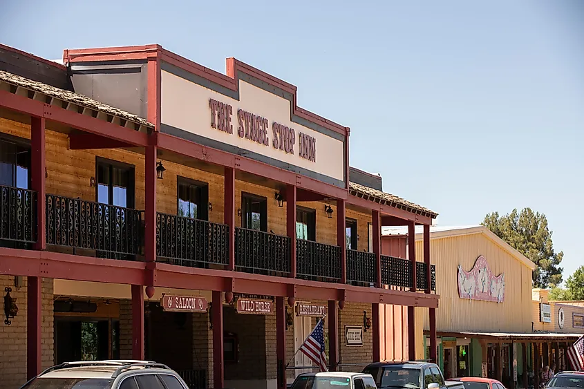 Afternoon sunlight shines on the historic downtown core of Patagonia, Arizona